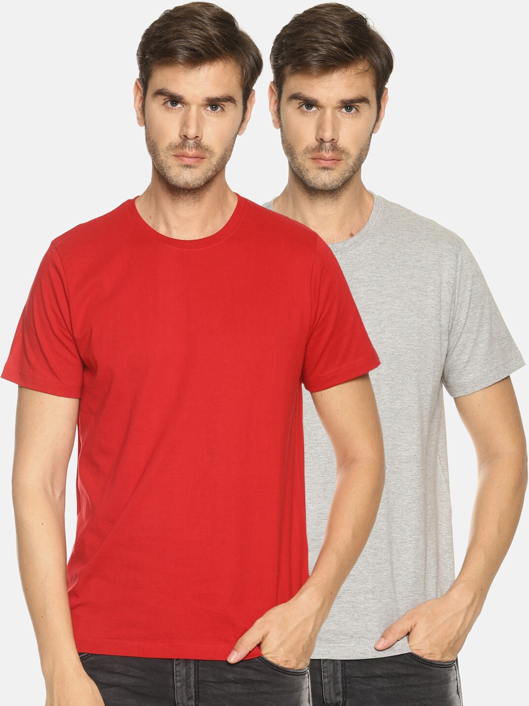 

OBOW Men Set of 2 Grey Melange Red Solid Bio Finish Pure Cotton T-shirts