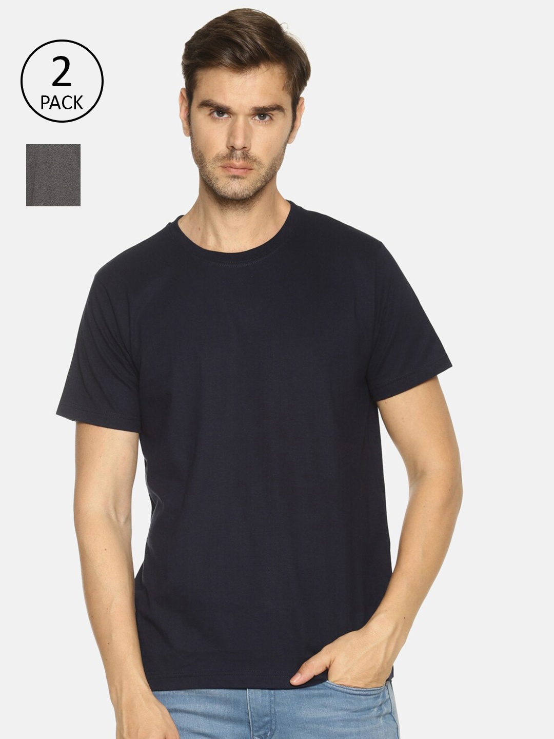 

OBOW Men Pure Cotton Charcoal Navy Blue Set of 2 Pure Cotton T-shirt