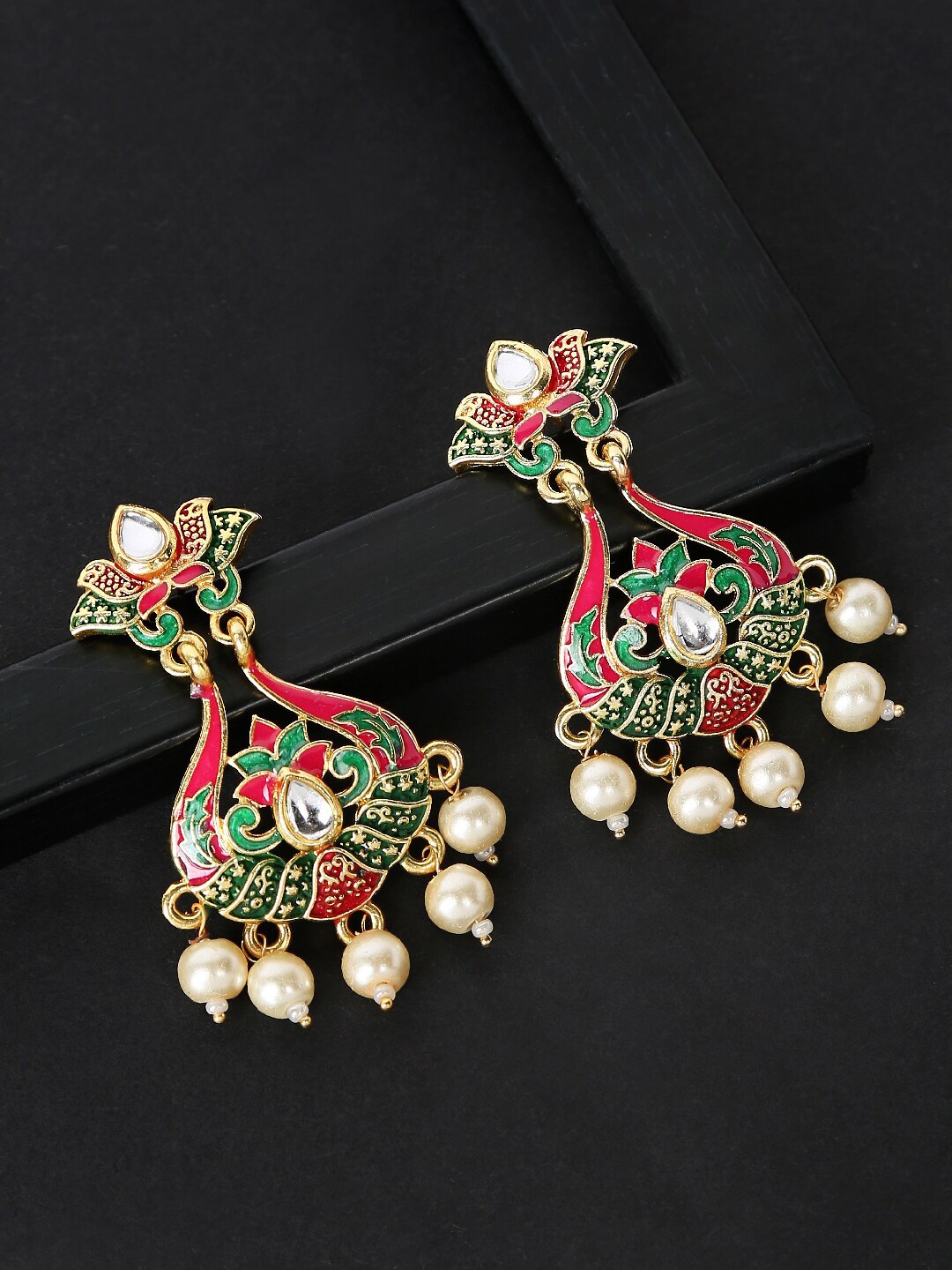 

OOMPH Red & Green Meenakari Floral Drop Earrings