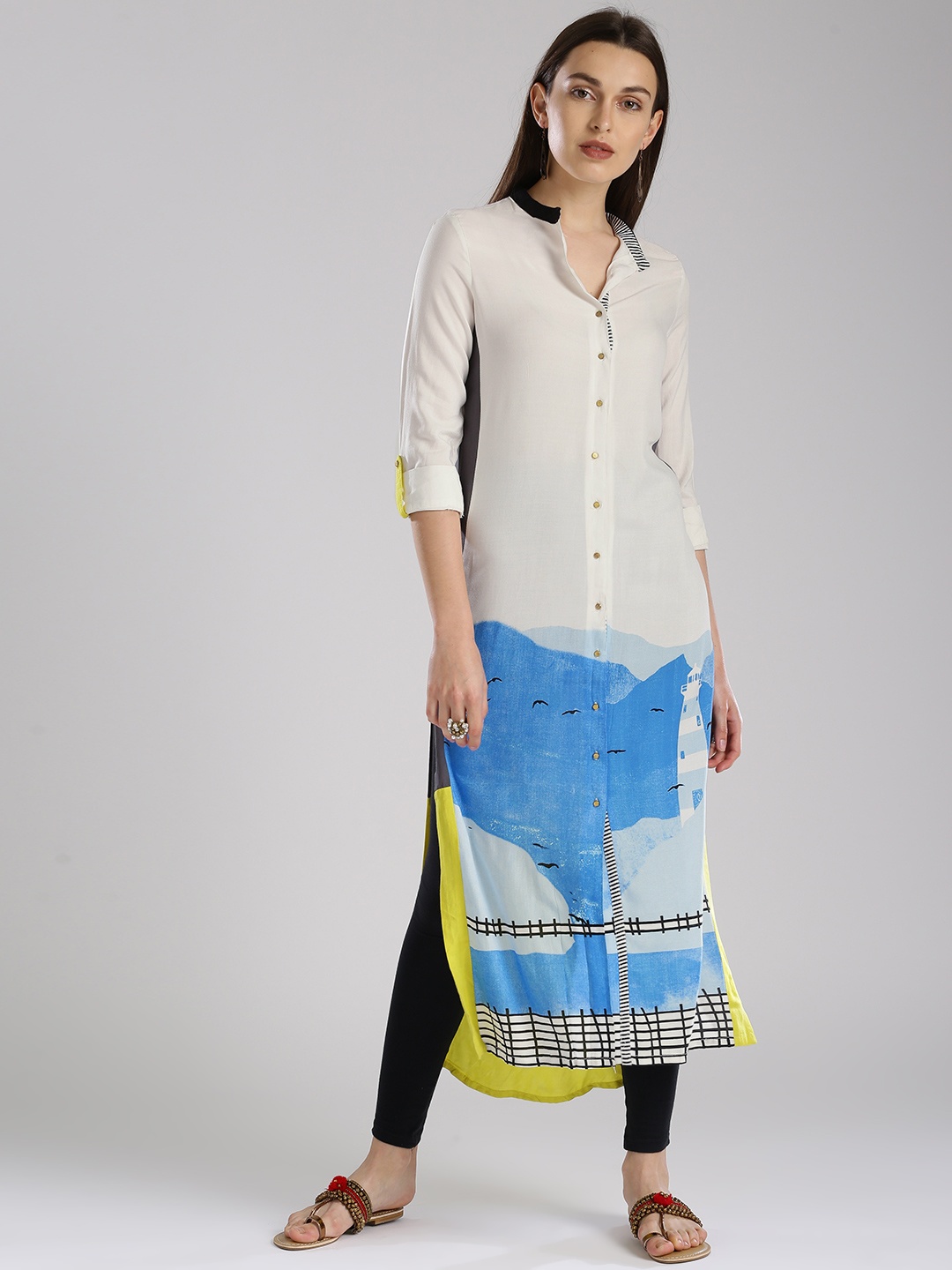 

W Women Off-White & Blue Printed Kurta