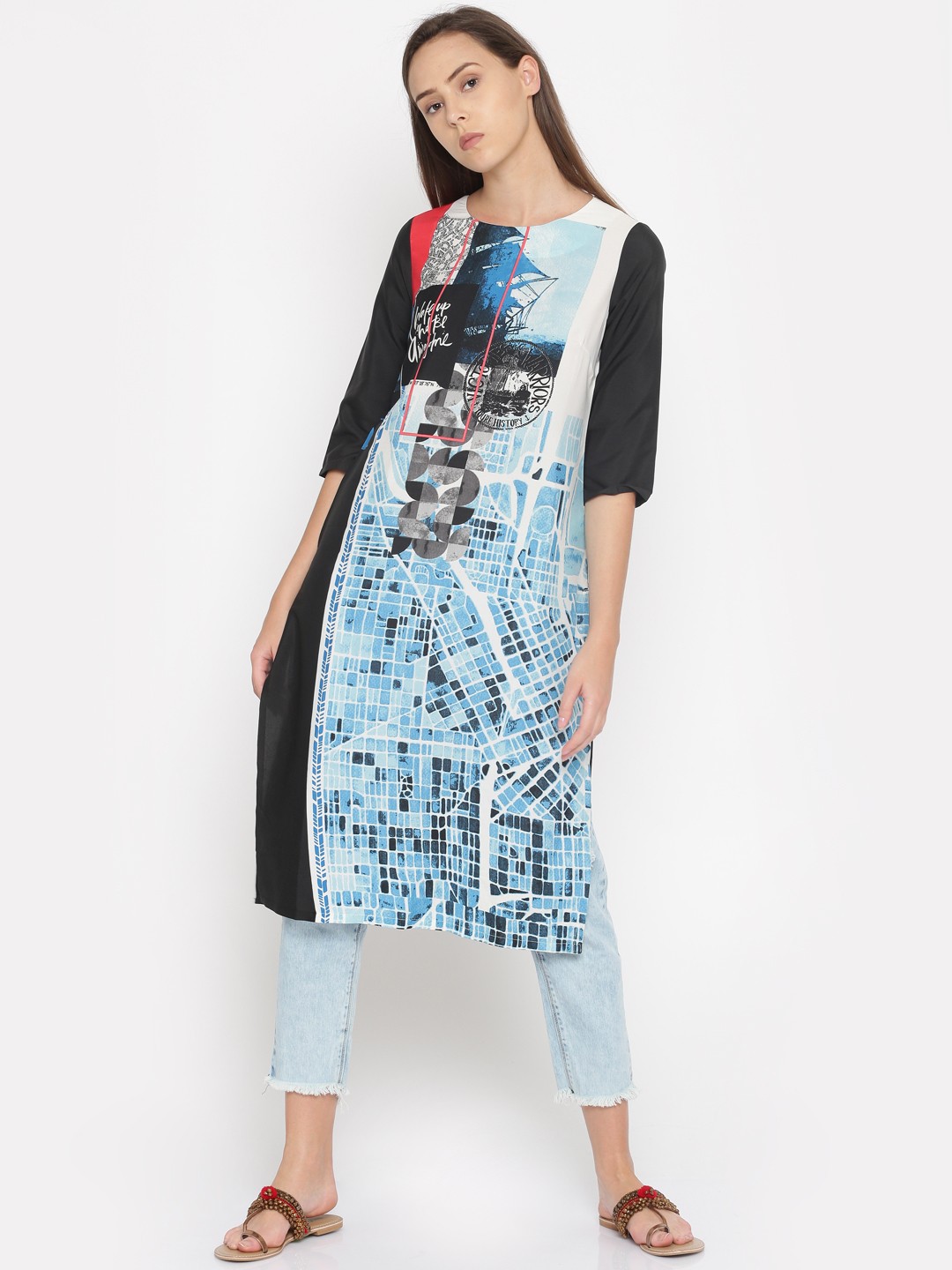 

W Women Blue & Black Printed Kurta