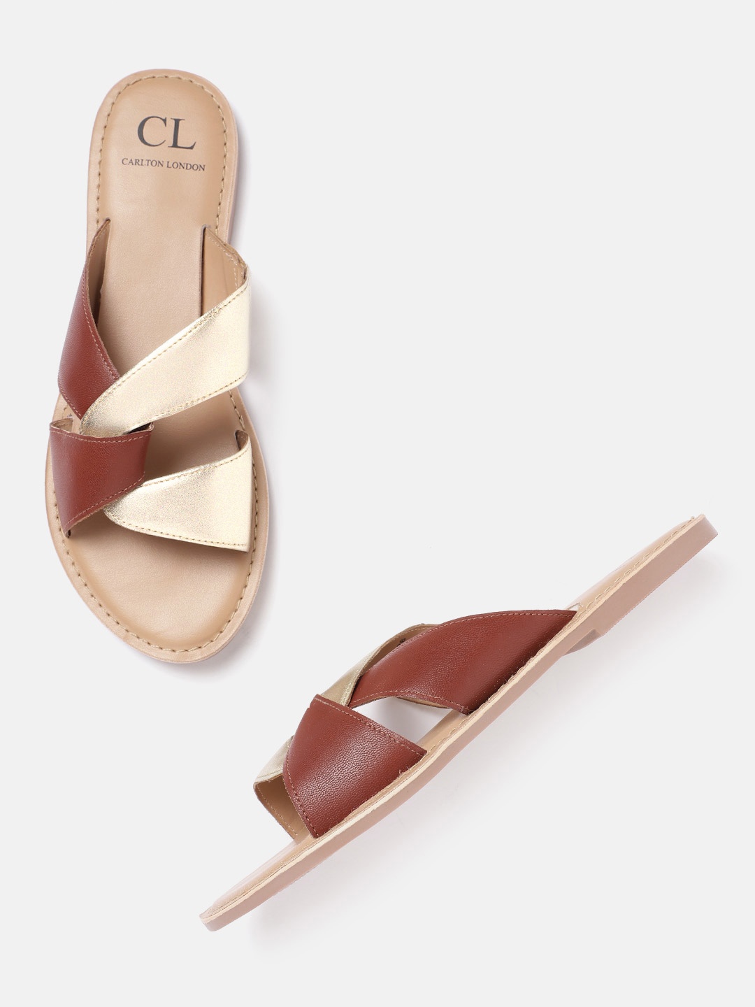 

Carlton London Women Coffee Brown & Muted Gold-Toned Colourblocked Open Toe Flats