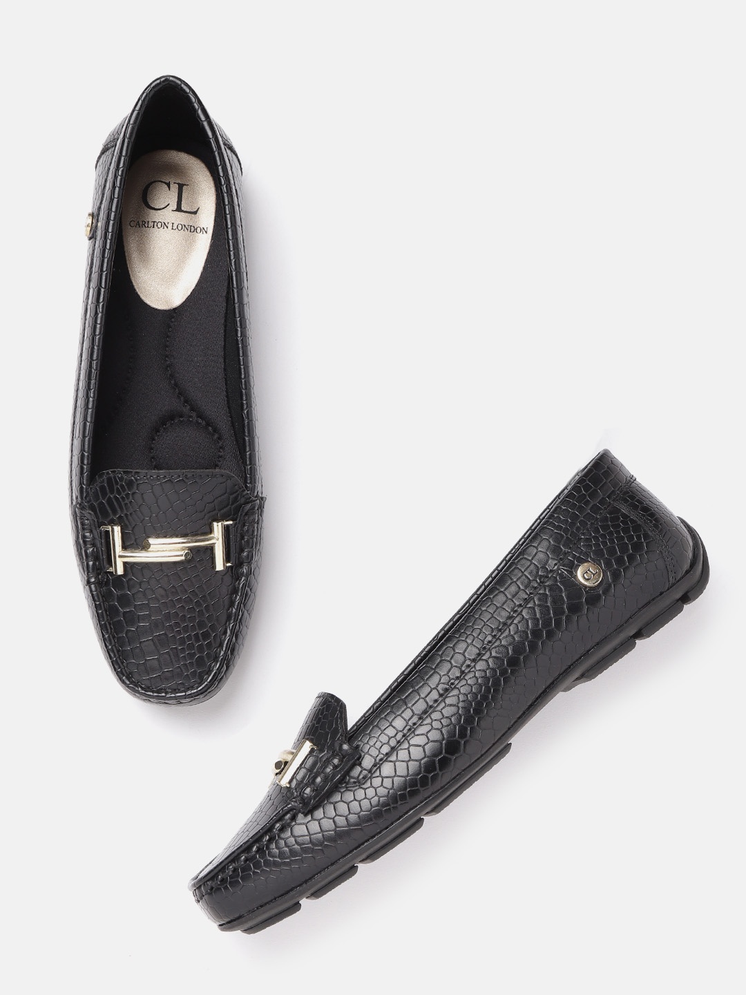 

Carlton London Women Black Snakeskin Textured Horsebit Detail Driving Shoes