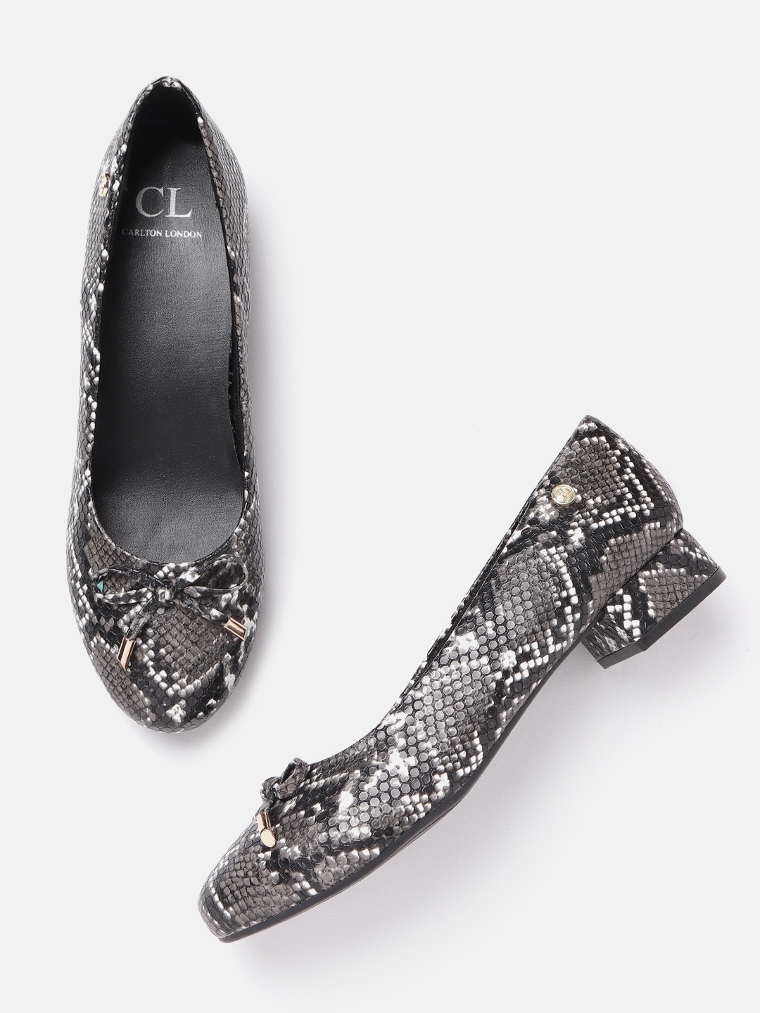 

Carlton London Women Black & Grey Snakeskin Textured Ballerinas with Bows Detail