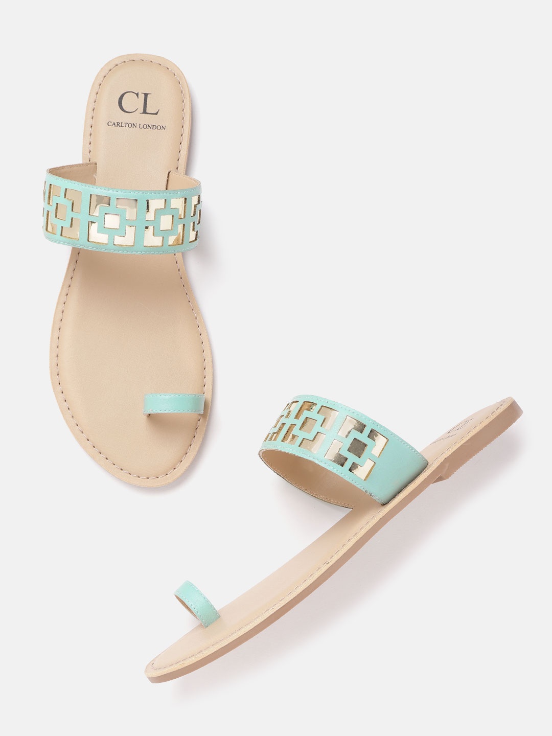 

Carlton London Women Sea Green & Gold-Toned Cut Work One Toe Flats