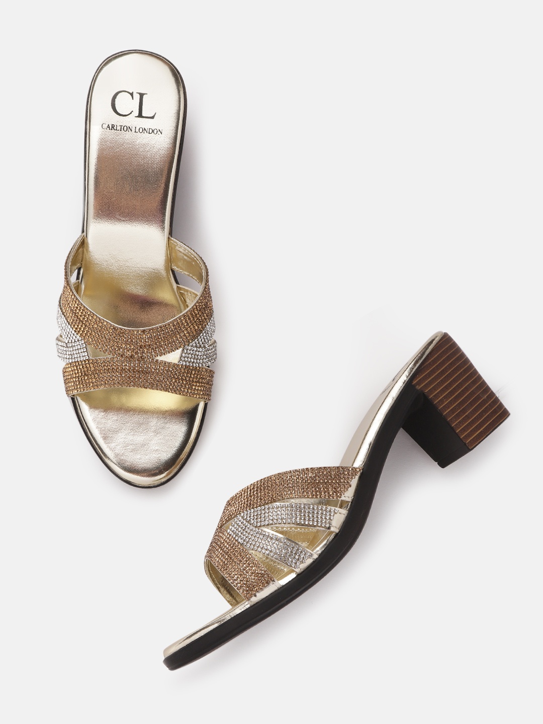 

Carlton London Women Gold-Toned & Silver-Toned Studded Block Heels with Cut-Work Detail