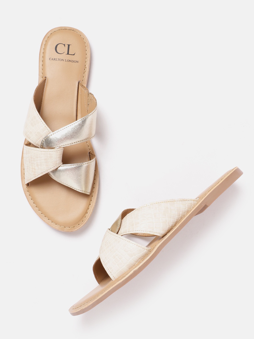 

Carlton London Women Croc Textured Open Toe Flats, Beige