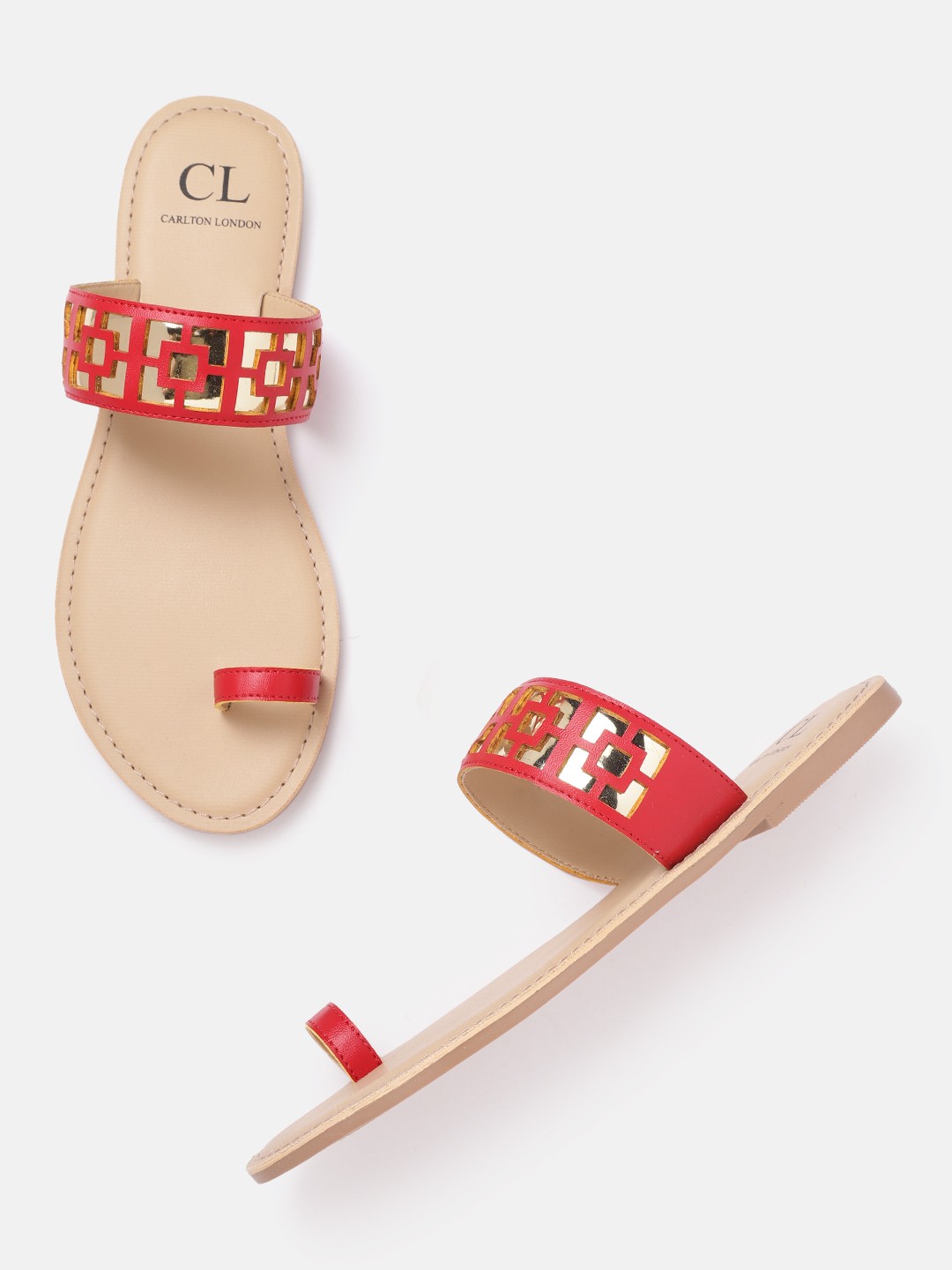 

Carlton London Women Red & Gold-Toned Laser Cut One Toe Flats
