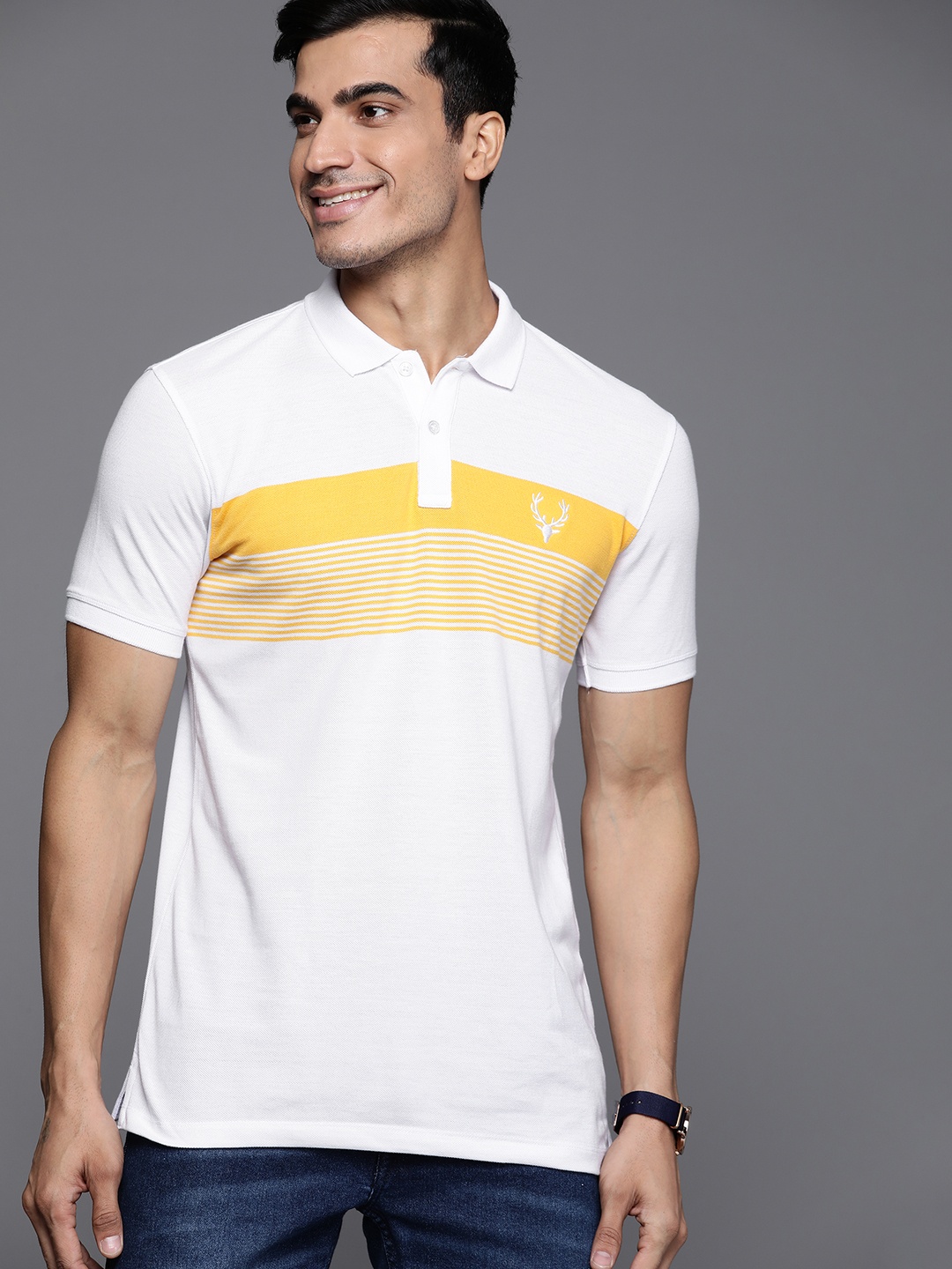 

Allen Solly Sport Men White & Yellow Striped Polo Collar T-shirt