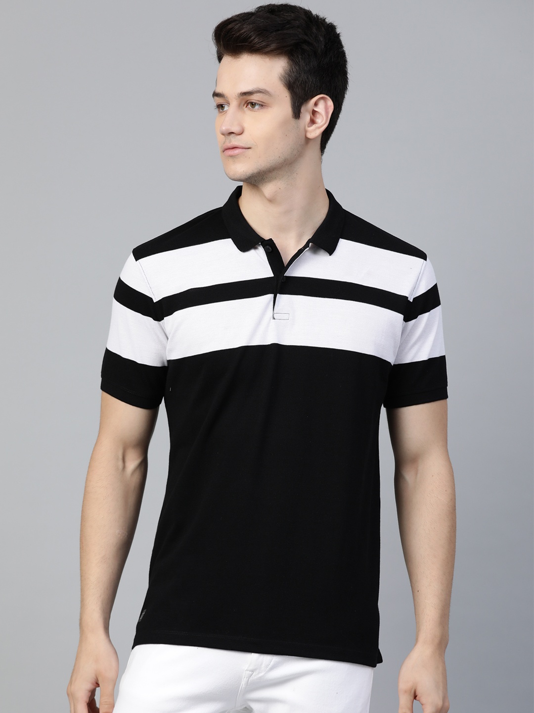 

Allen Solly Sport Men Black & White Striped Polo Collar Monochrome T-shirt
