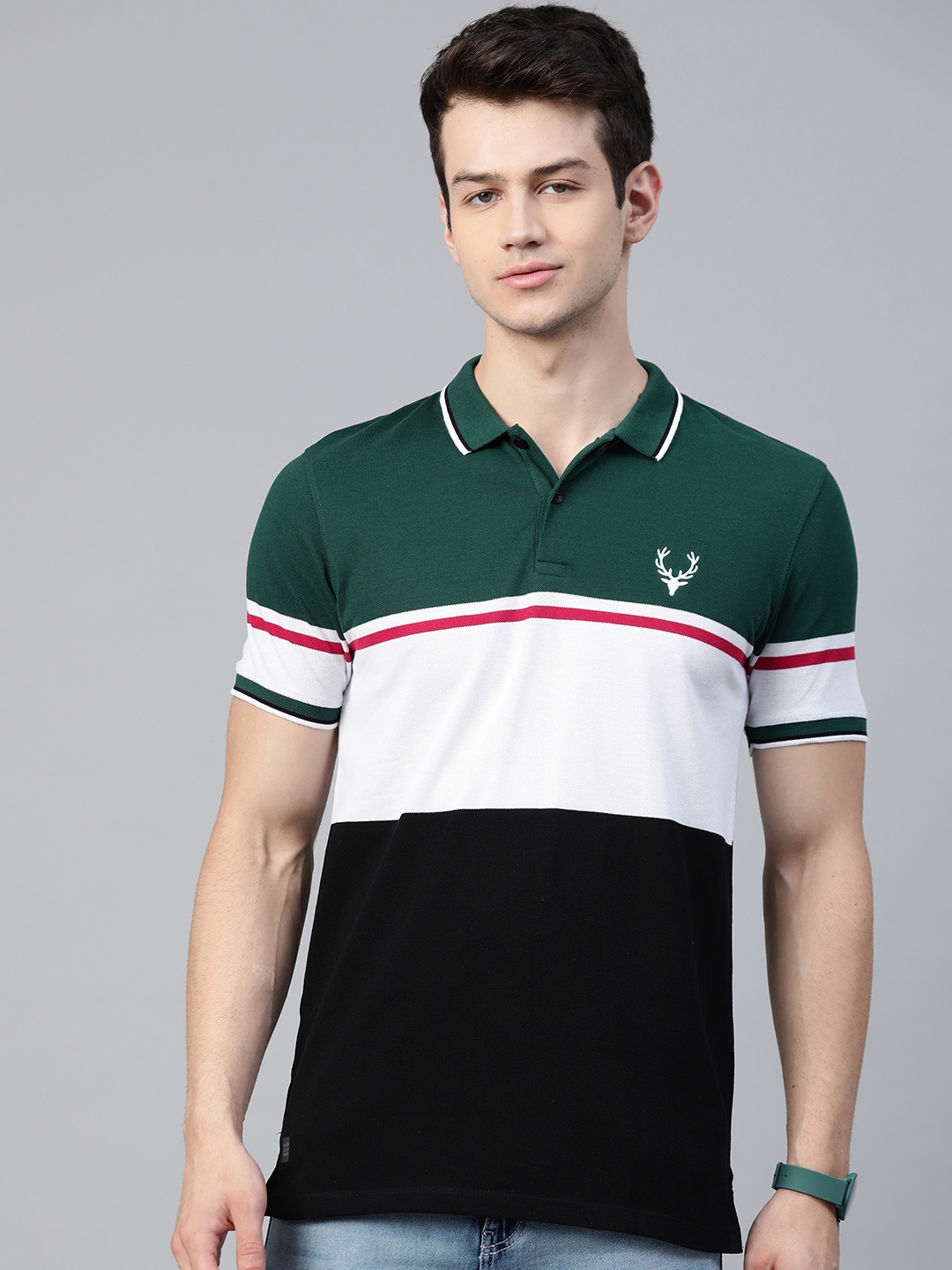 

Allen Solly Sport Men Green & White Colourblocked Polo Collar T-shirt