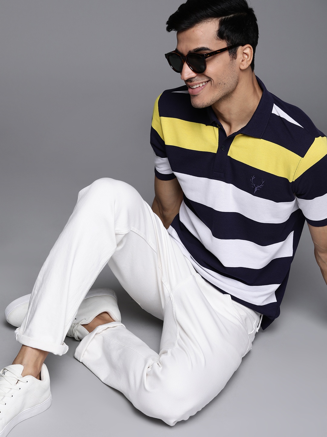 

Allen Solly Sport Men Navy Blue & White Striped Polo Collar T-shirt