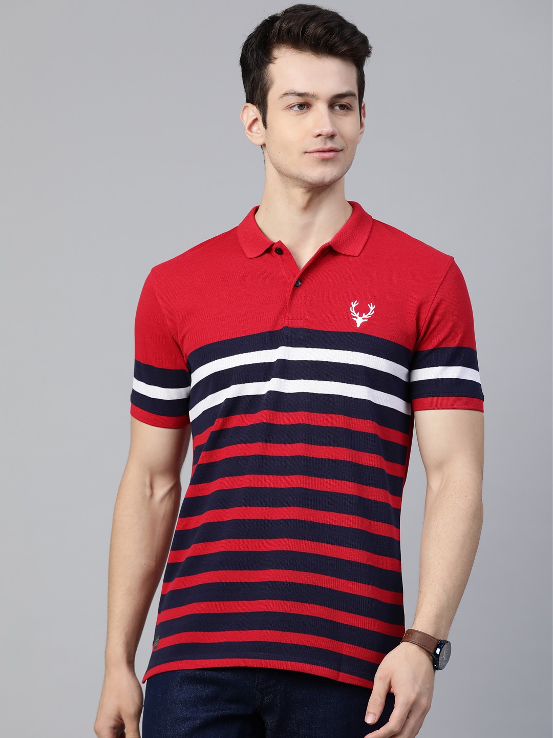 

Allen Solly Sport Men Red & Navy Blue Striped Polo Collar T-shirt