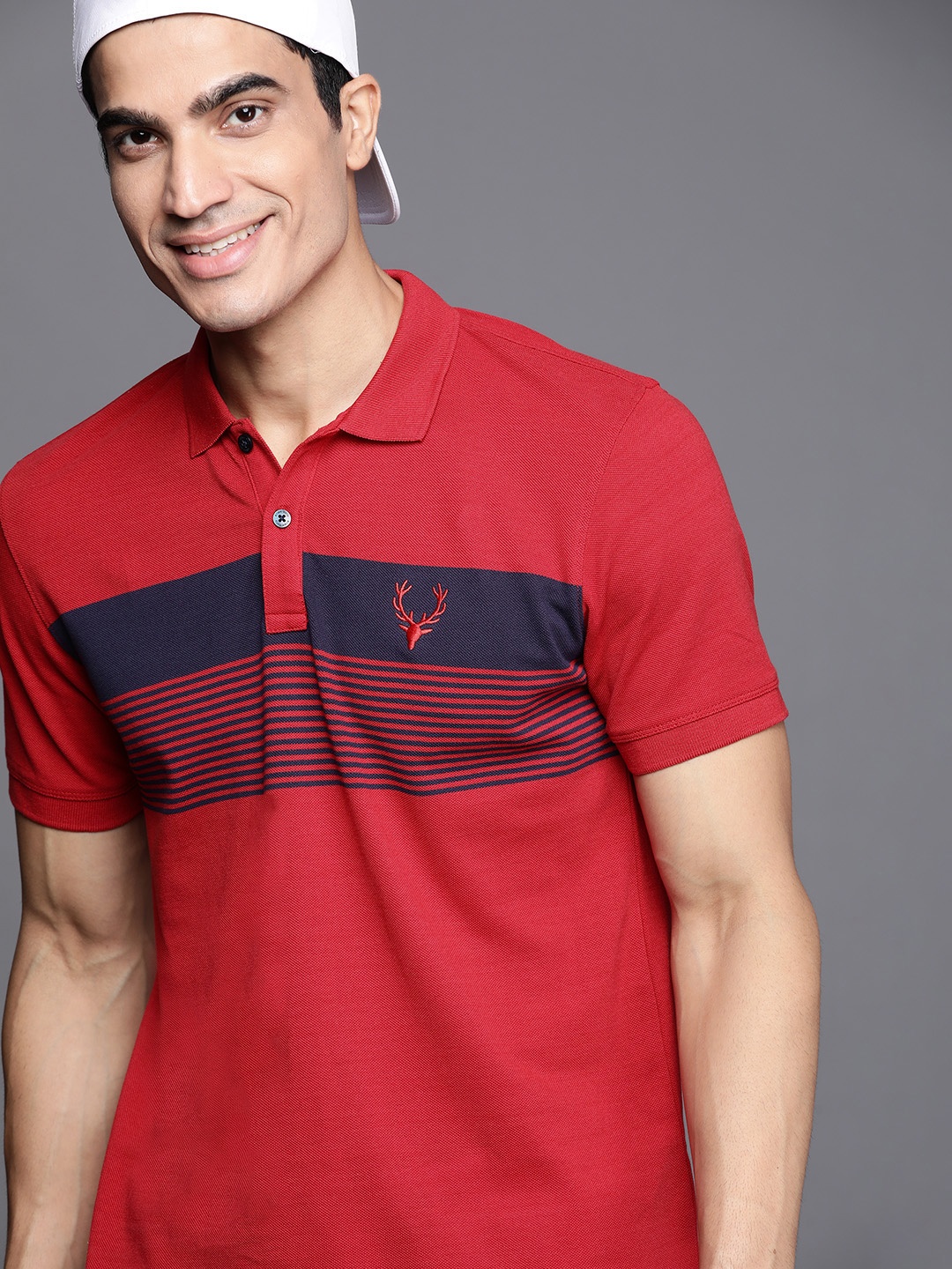 

Allen Solly Sport Men Red & Navy Blue Striped Polo Collar T-shirt
