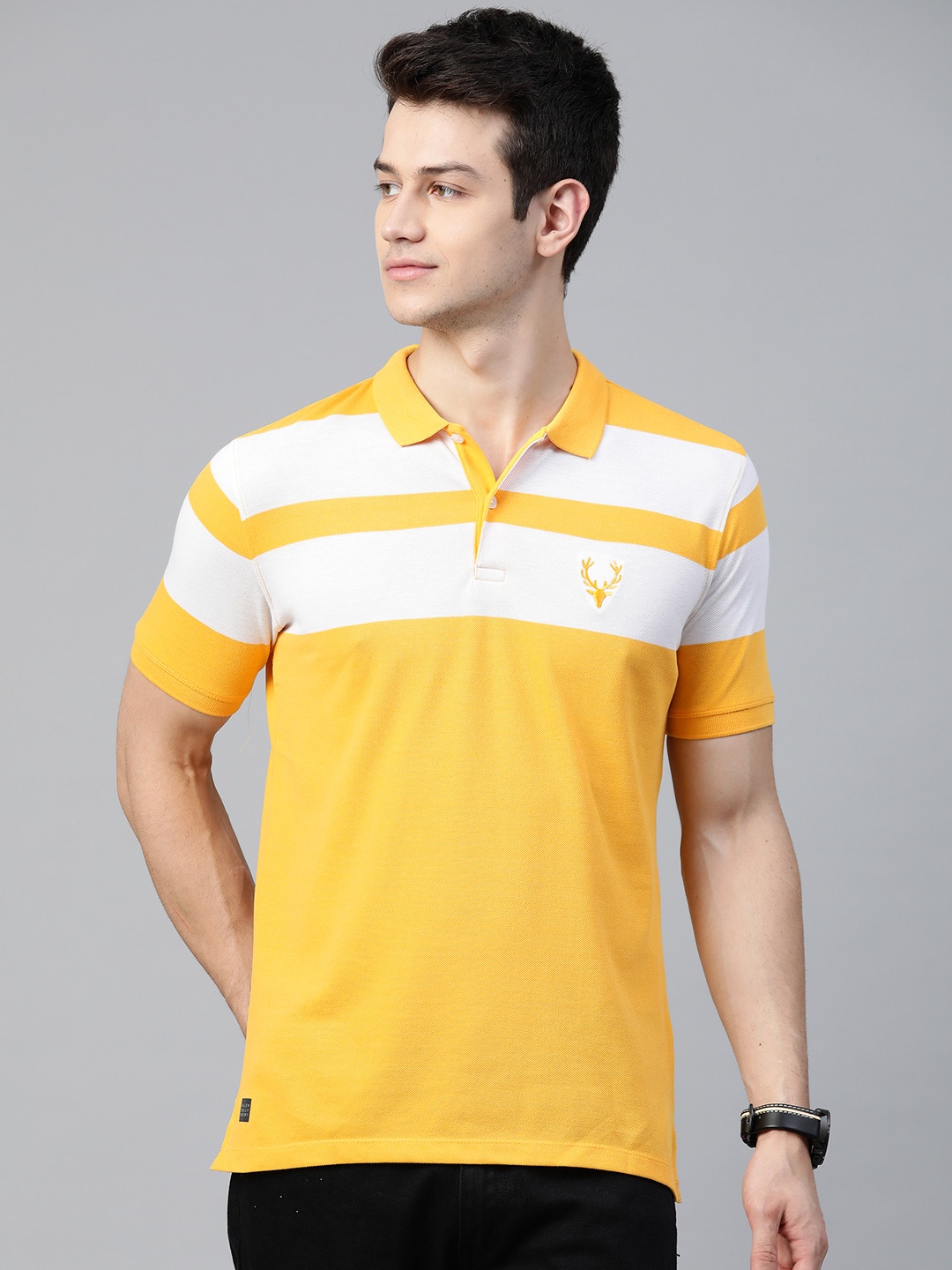 

Allen Solly Sport Men Yellow & White Striped Polo Collar T-shirt