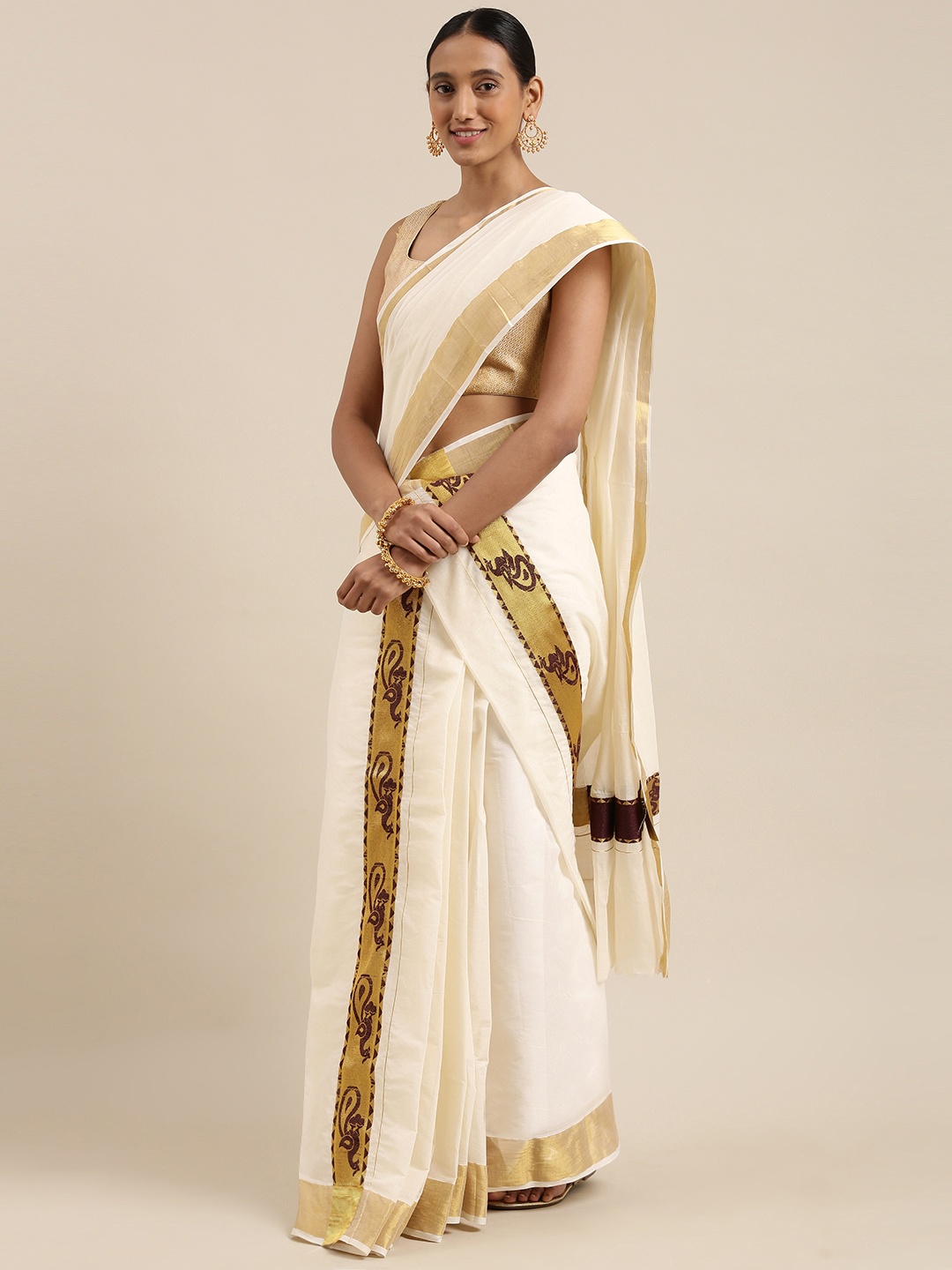 

Mitera Off White Kasavu Double Set Mundu Saree