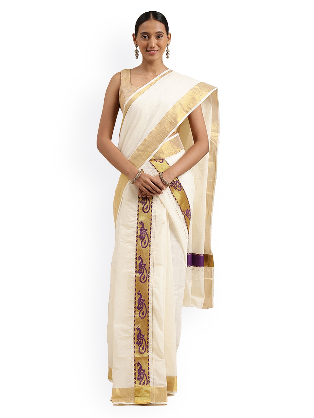 

Mitera Off White & Golden Zari Kasavu Mundu Saree