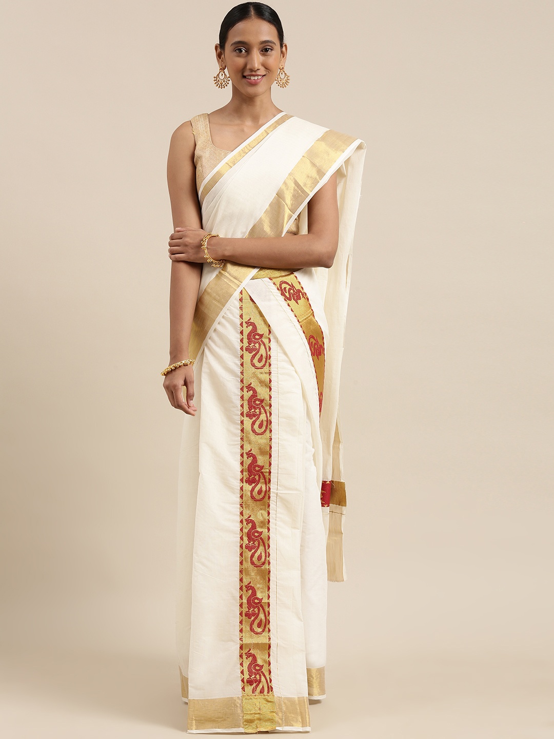 

Mitera Off White & Gold-Toned Zari Kasavu Mundu Saree