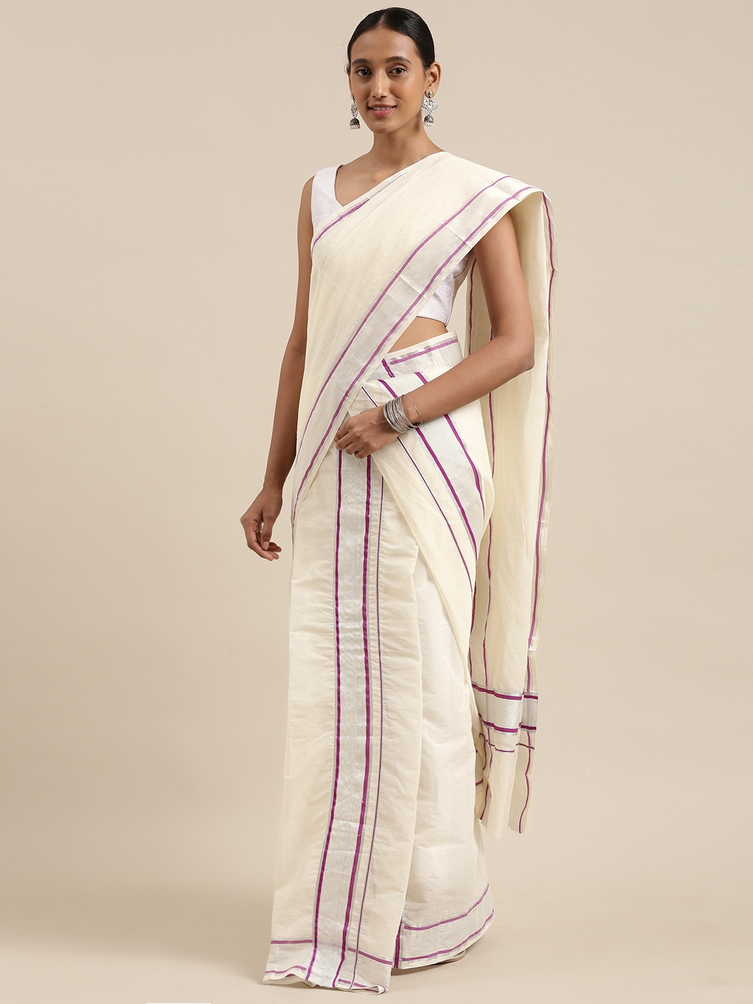 

Mitera Off White Kasavu Mundu Saree