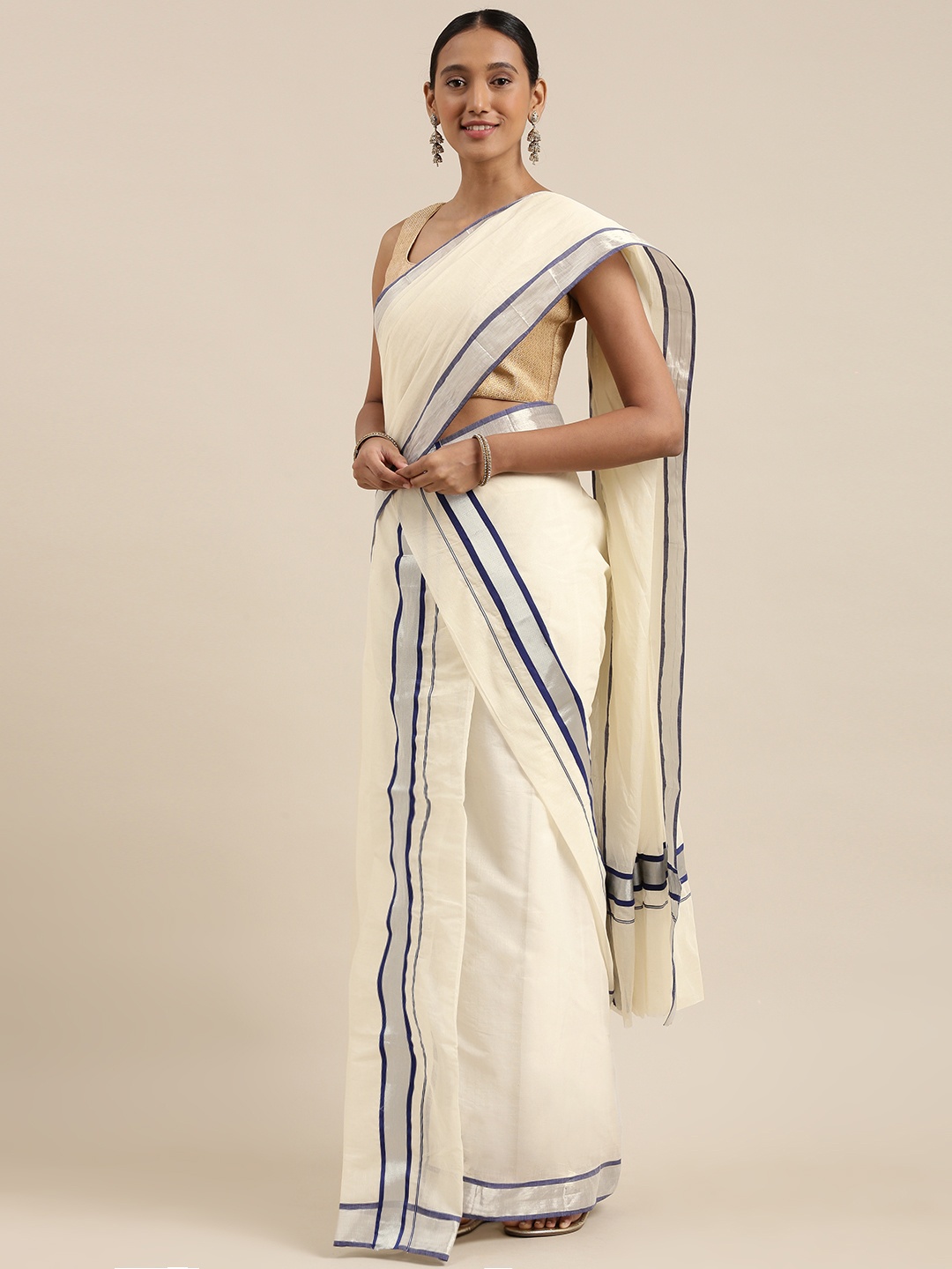 

Mitera Off White Zari Single Set Mundu Kasavu Saree