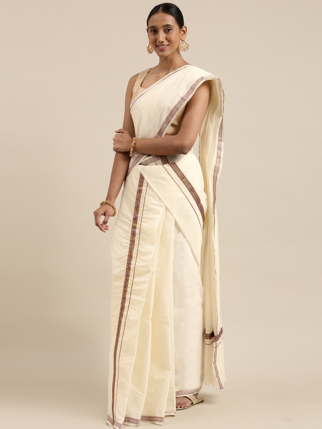 

Mitera Off White Kasavu Double Set Mundu Saree