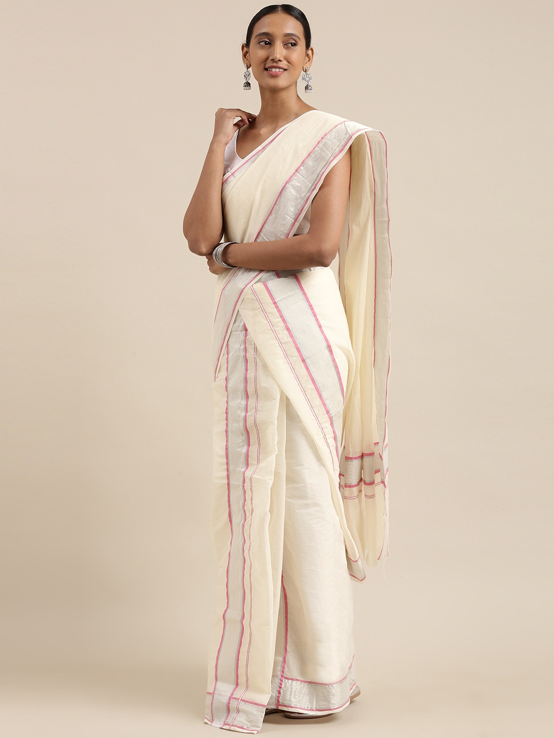 

Mitera Off White Kasavu Mundu Saree