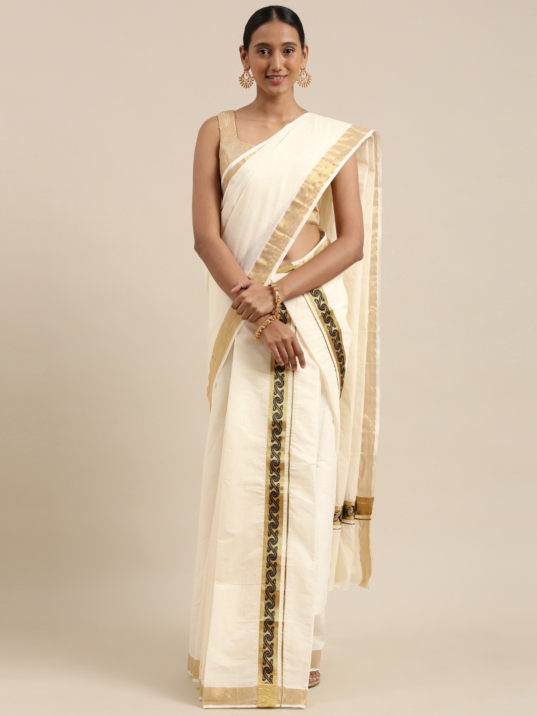 

Mitera Off White Kasavu Double Set Mundu Saree