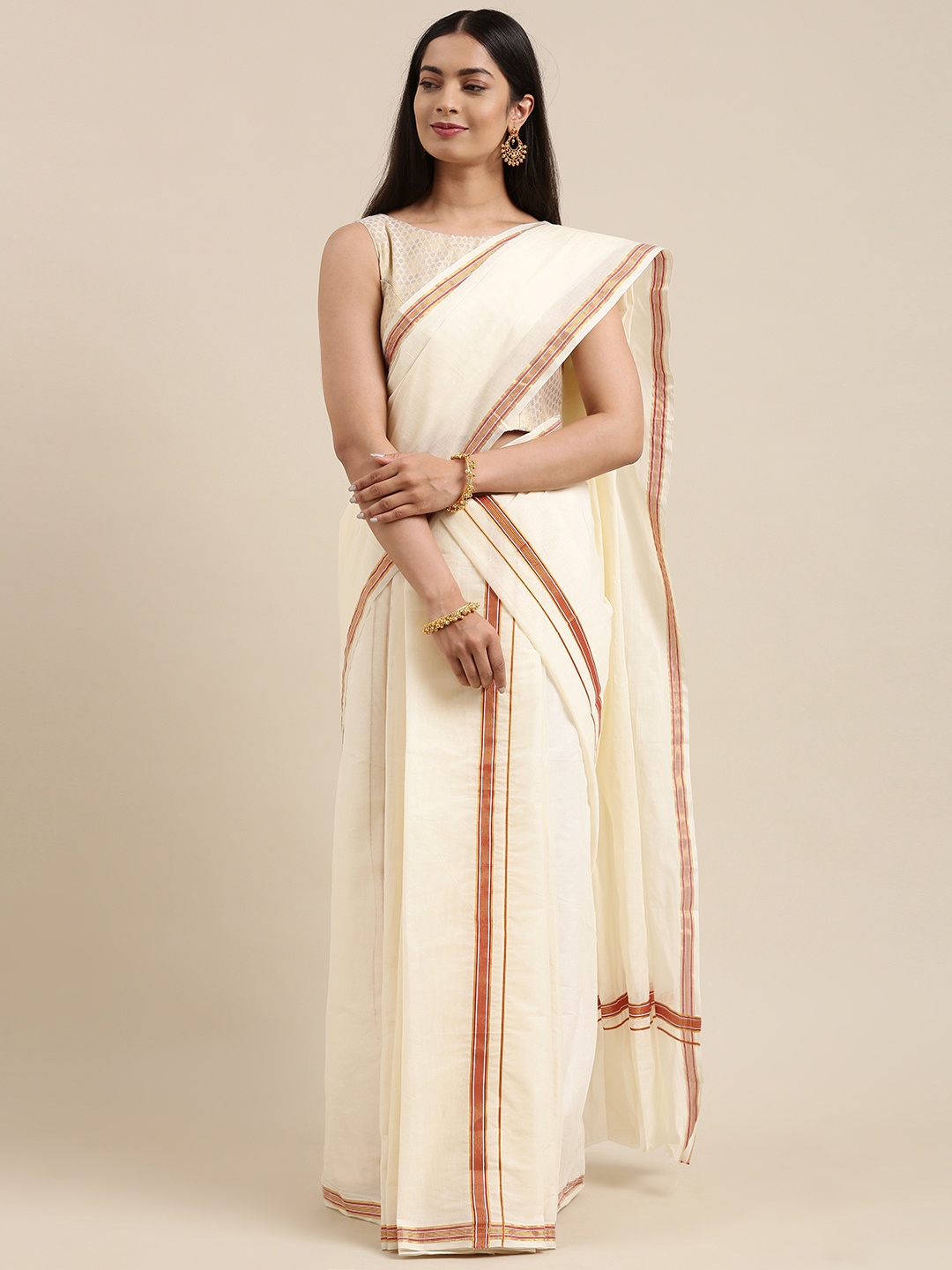 

Mitera Off White & Maroon Kerala Cotton Double Set Mundu Saree