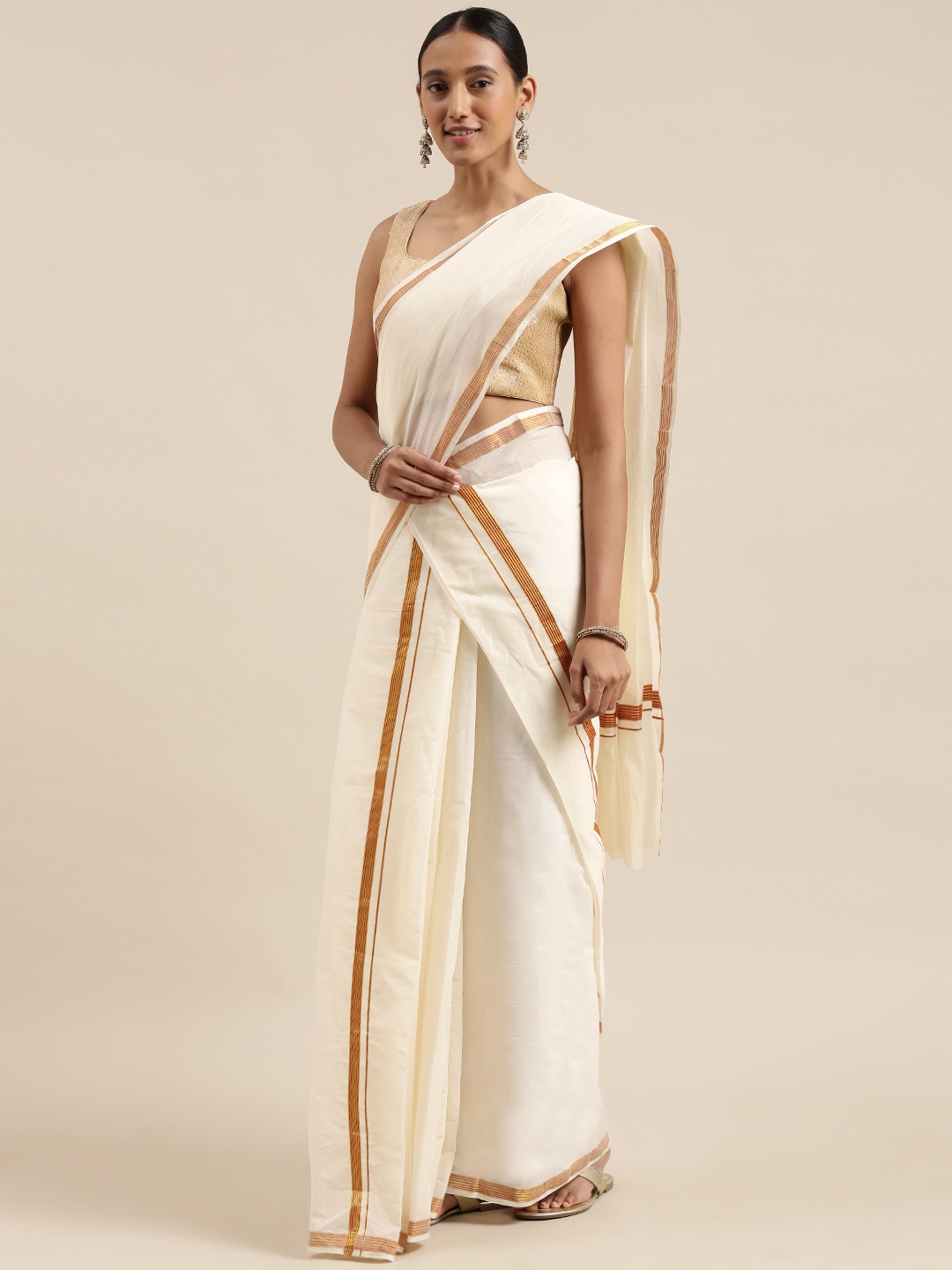 

Mitera Off White 2 Piece Kerala Pure Cotton Zari Kasavu Saree