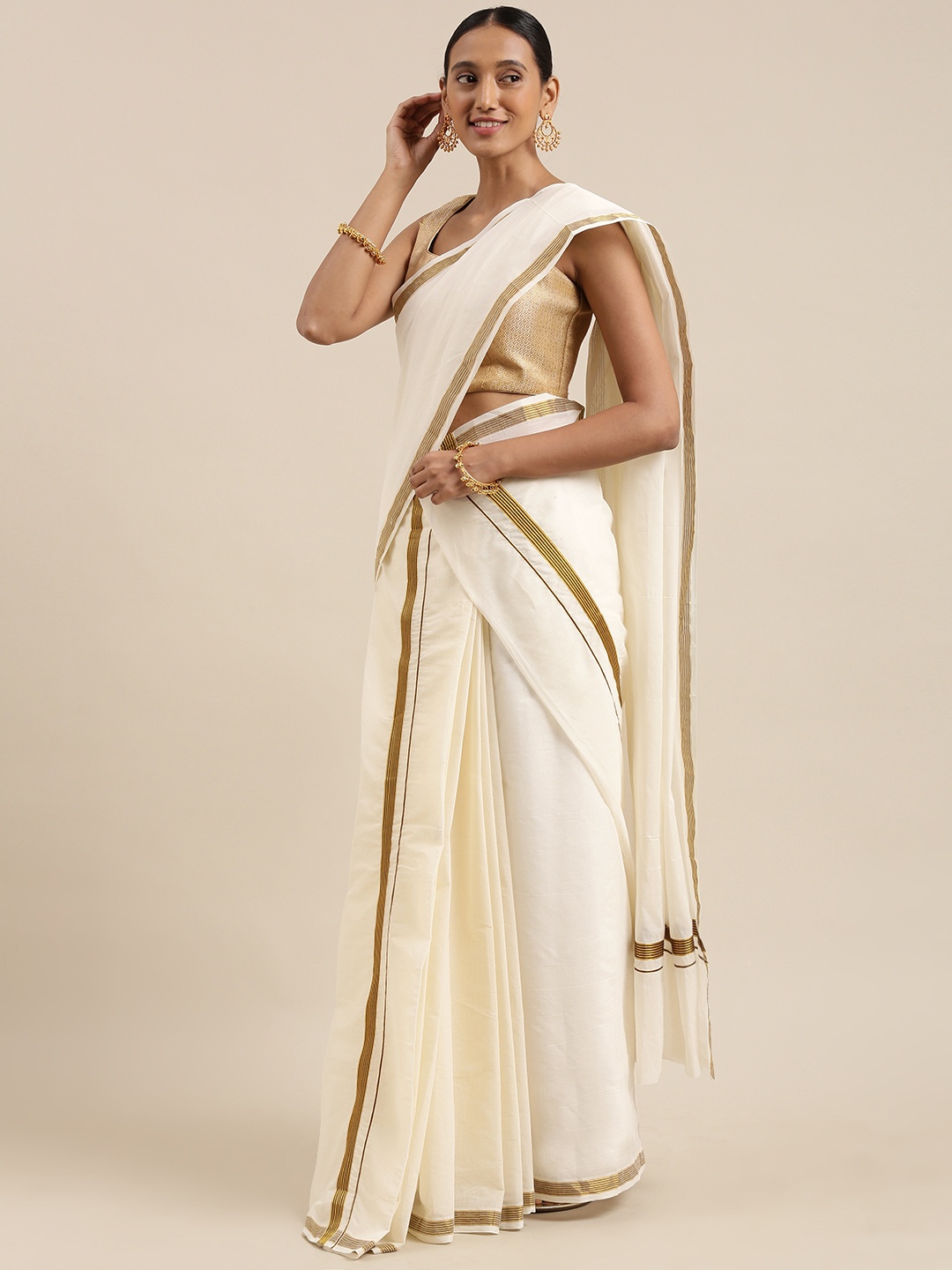

Mitera Off White Kasavu Double Set Mundu Saree