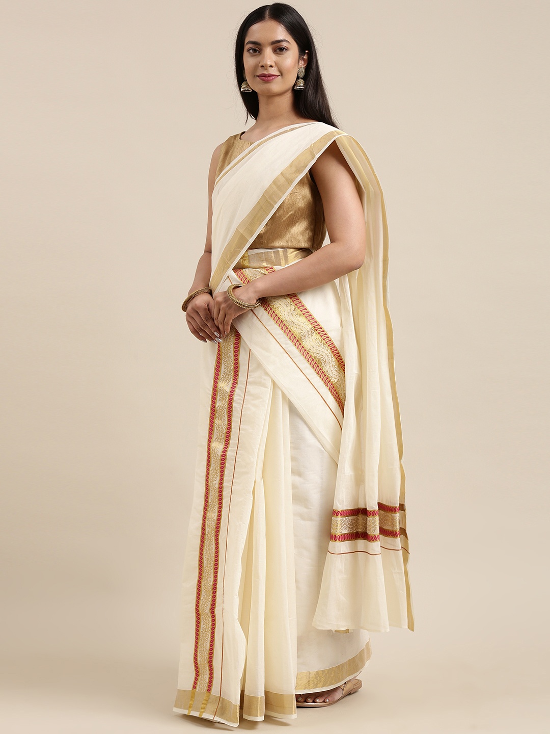

Mitera Off White 2 Piece Kerala Pure Cotton Zari Kasavu Saree