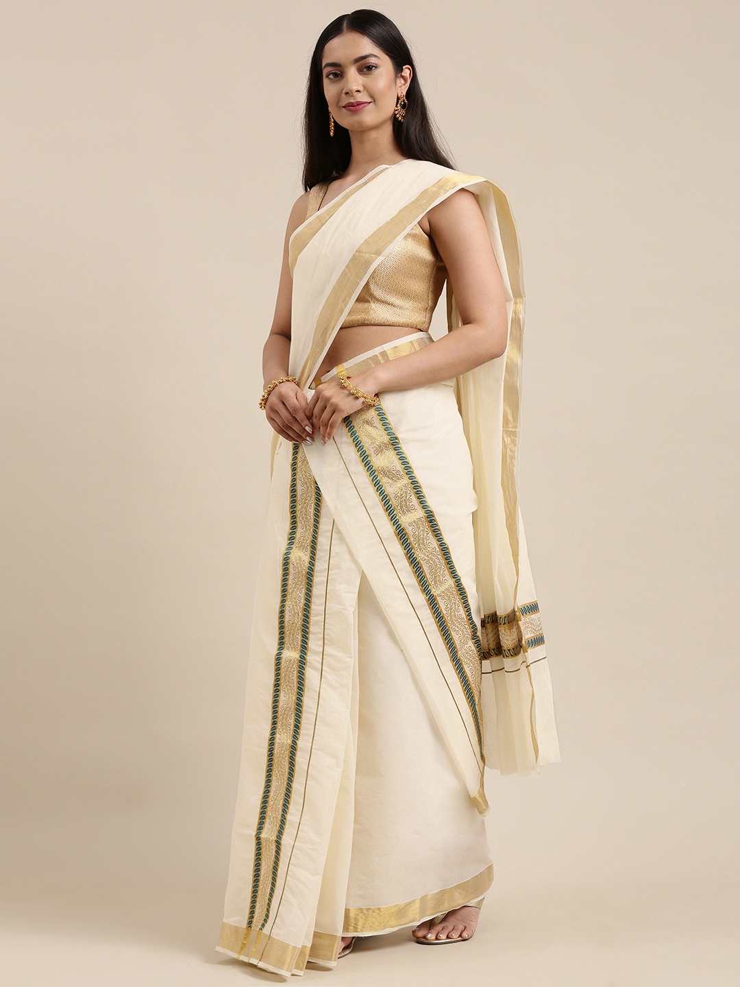 

Mitera Off White Zari Double Set Mundu Kasavu Saree