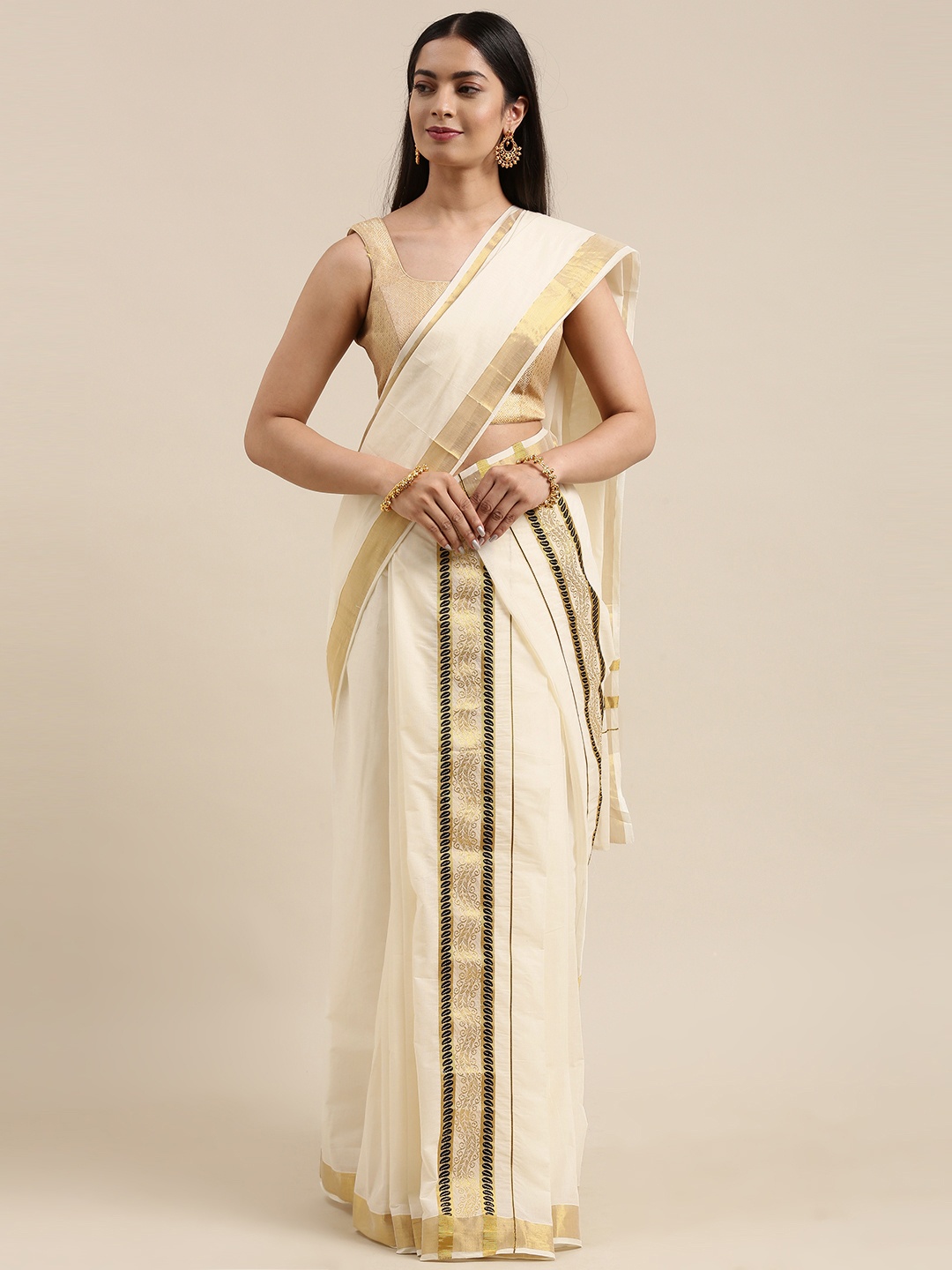 

Mitera Off White Zari Double Set Mundu Kasavu Saree