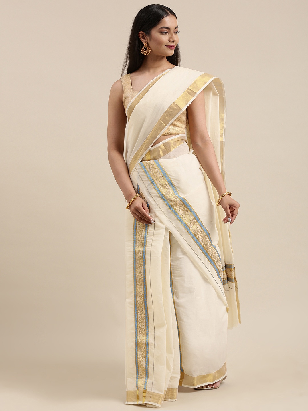 

Mitera Off White Zari Double Set Mundu Kasavu Saree