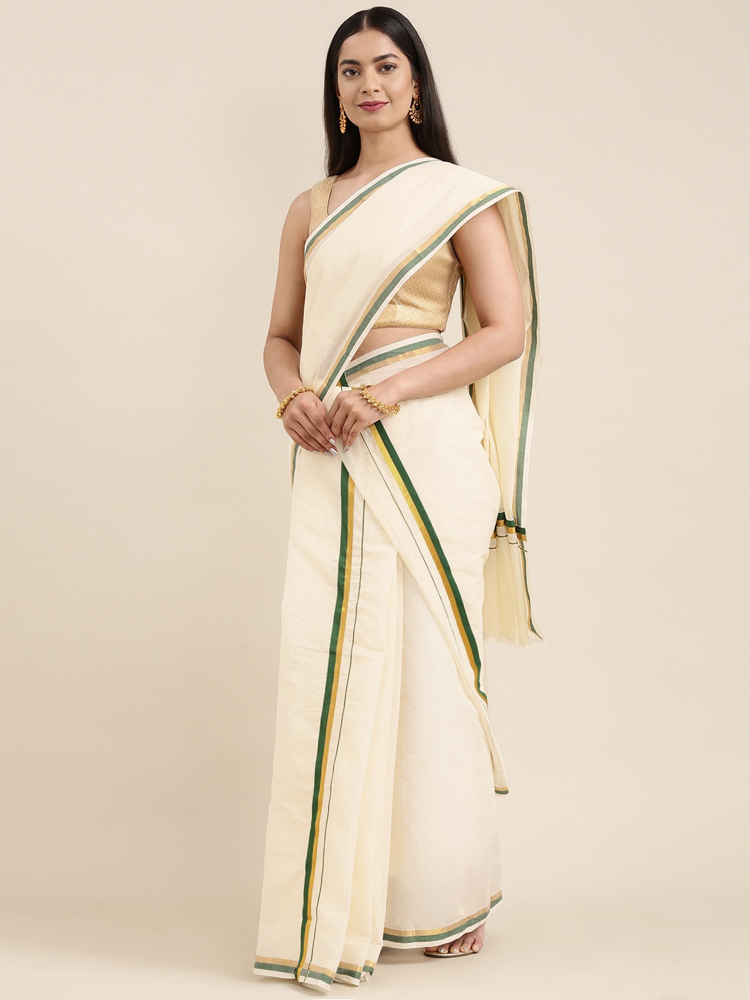 

Mitera Off White Zari Double Set Mundu Kasavu Saree