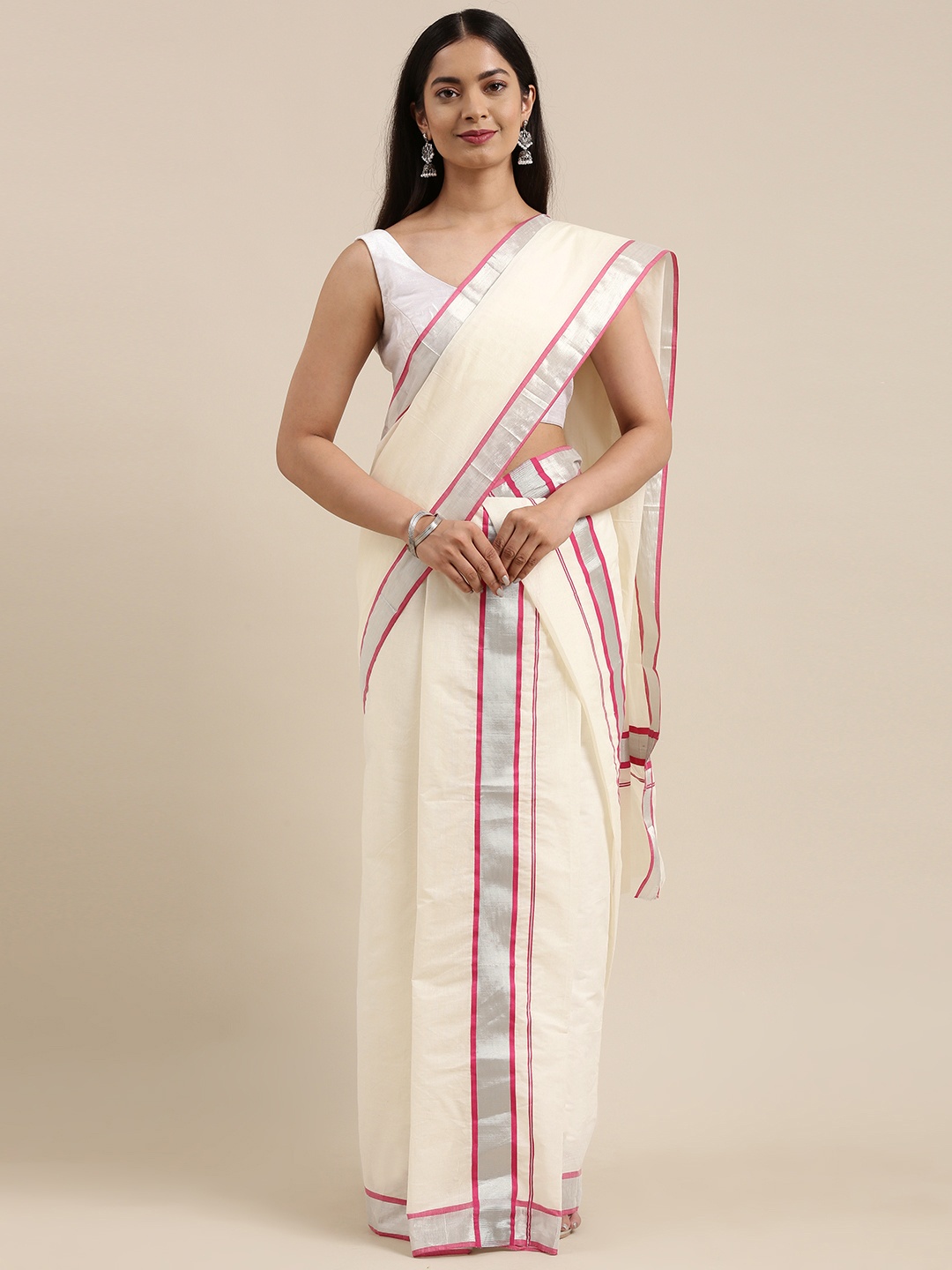 

Mitera Off White & Pink Kerala Cotton Double Set Mundu Saree