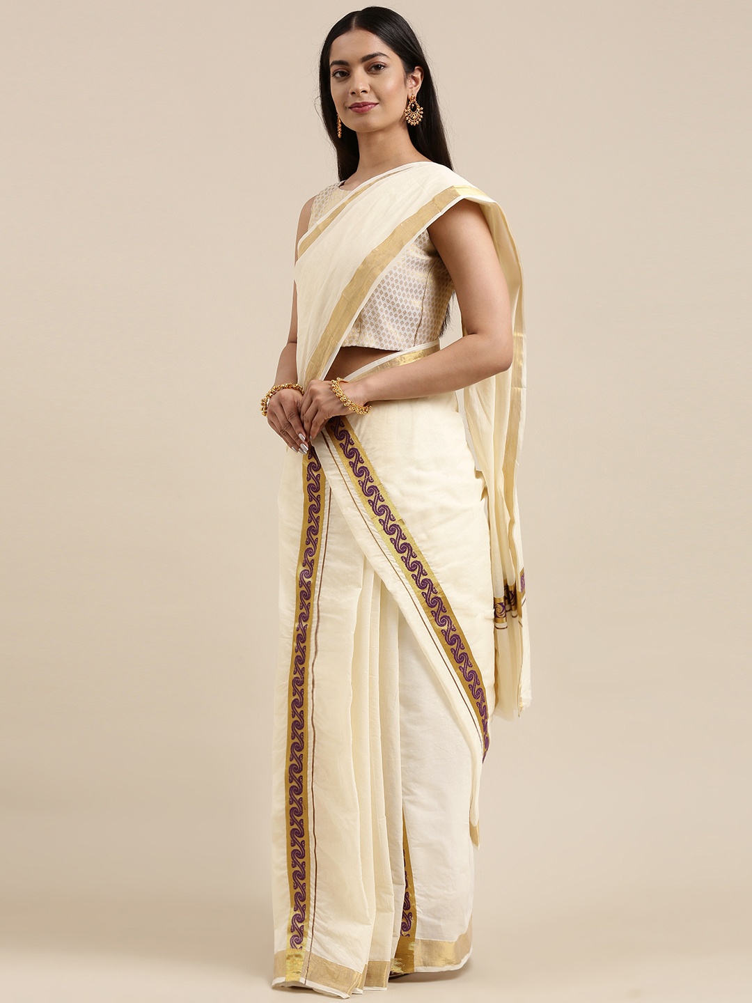 

Mitera Off White & Gold-Toned Kerala Cotton Double Set Mundu Saree