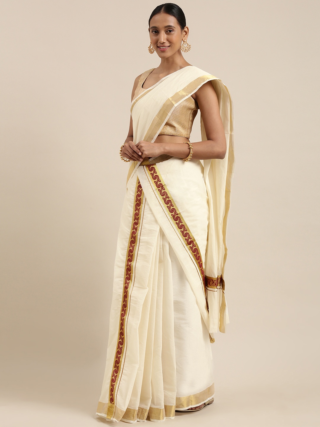 

Mitera Off White Kasavu Double Set Mundu Saree