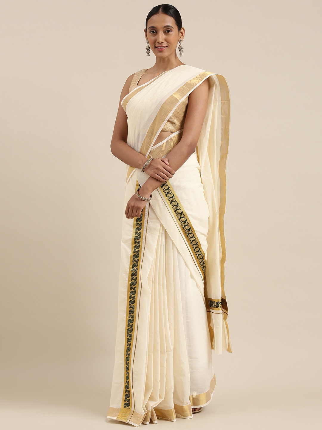 

Mitera Off White Zari Double Set Mundu Kasavu Saree