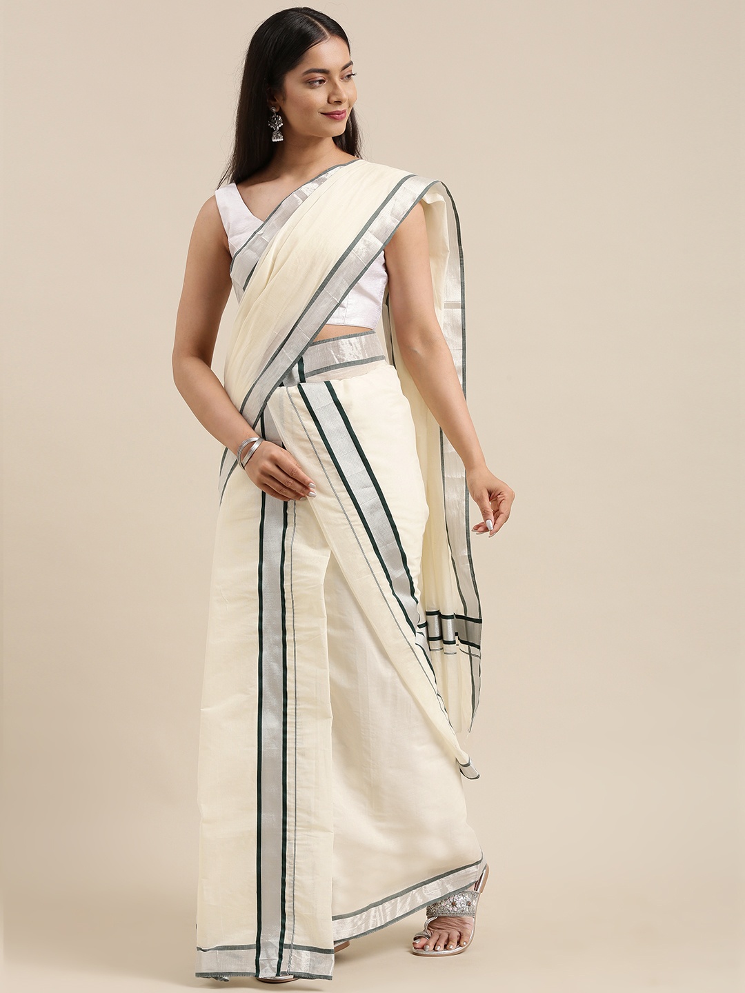 

Mitera Off White Kerala Pure Cotton Zari Kasavu Saree