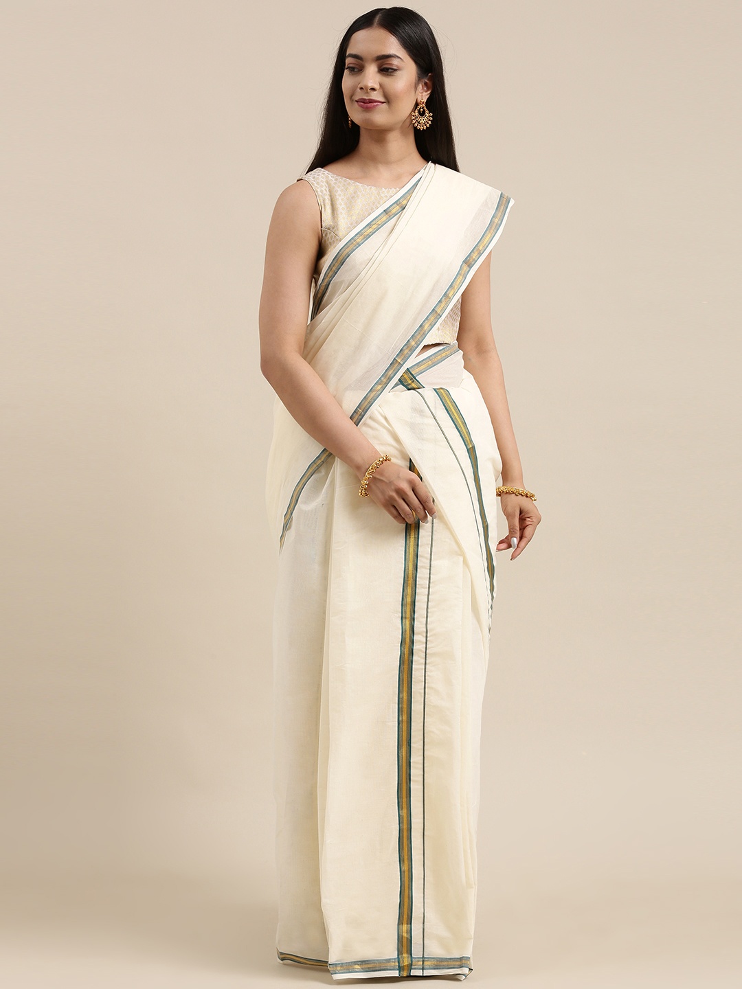 

Mitera Off White & Green Kerala Cotton Double Set Mundu Saree