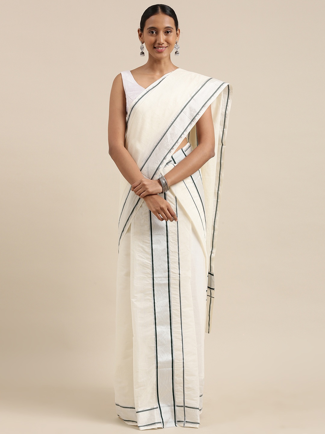

Mitera Off White & Silver-Toned Zari Kasavu Mundu Saree