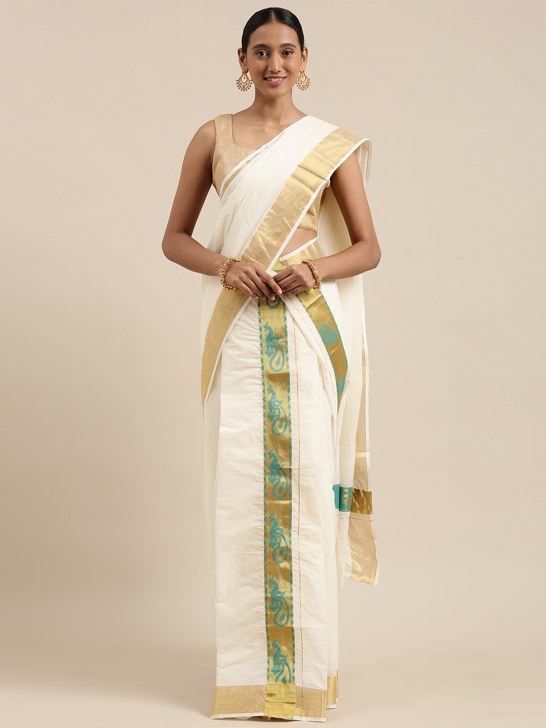 

Mitera Off White & Gold-Toned Zari Kasavu Mundu Saree