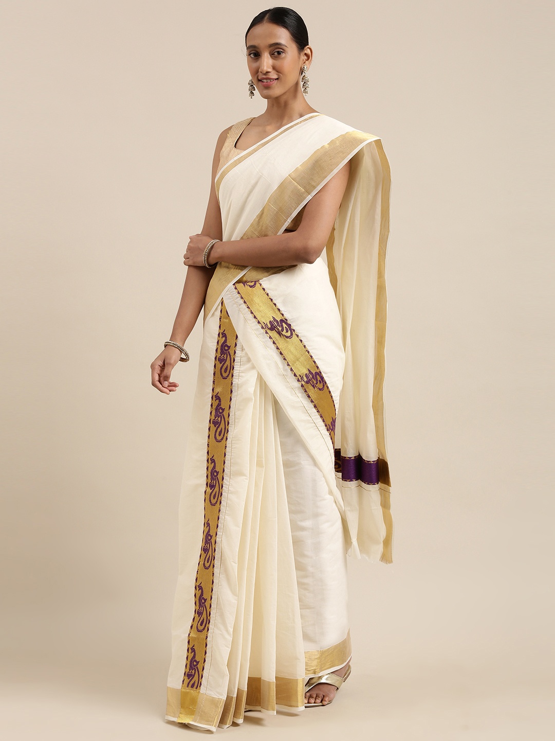 

Mitera Off White Kasavu Double Set Mundu Saree