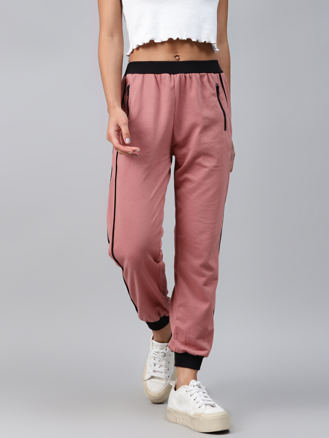 

Laabha Women Dusty Pink Solid High-Rise Straight Fit Cropped Joggers With Side Taping