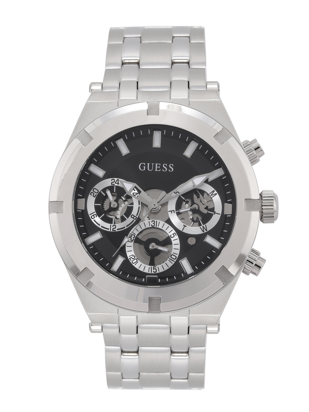 

GUESS Men Black Dial & Silver Toned Stainless Steel Straps Analogue Watch GW0260G1