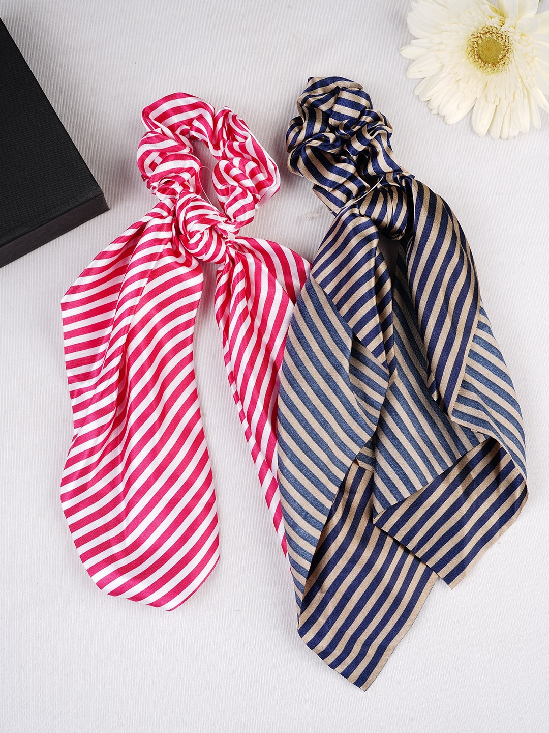 

LAIDA Set of 2 Ponytail Holders with Striped Handkerchief Style Scrunchies, Pink