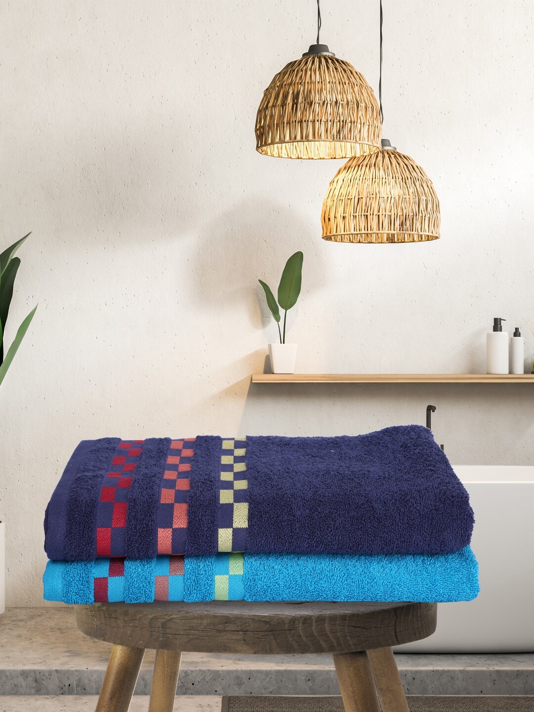 

BIANCA Pack Of 2 Mercerized Combed Cotton Bumpy-Stripes Bath Towels, Navy blue
