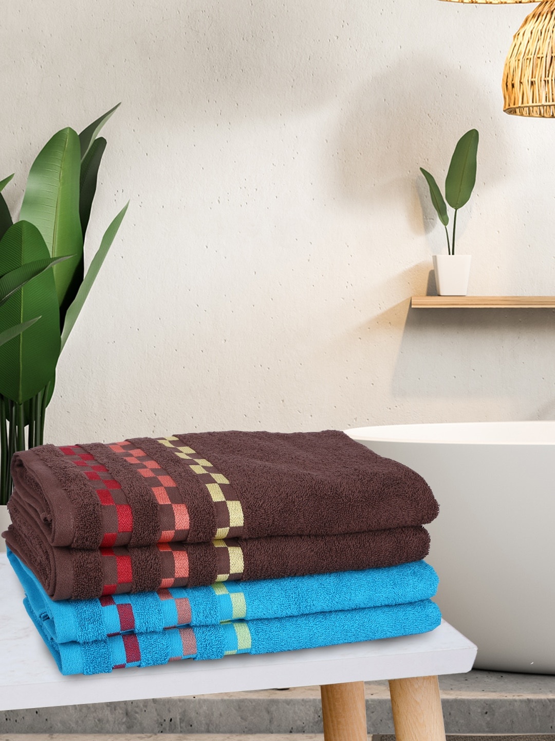 

BIANCA Pack Of 4 Mercerized Combed Cotton Bumpy-Stripes Bath Towels, Brown