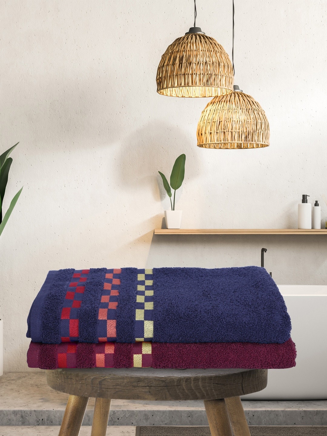 

BIANCA Pack Of 2 Mercerized Combed Cotton Bumpy-Stripes Bath Towels, Navy blue